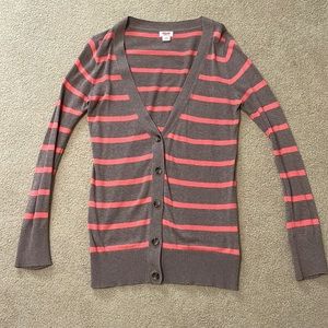 Brown and coral (not pink) striped cardigan.
